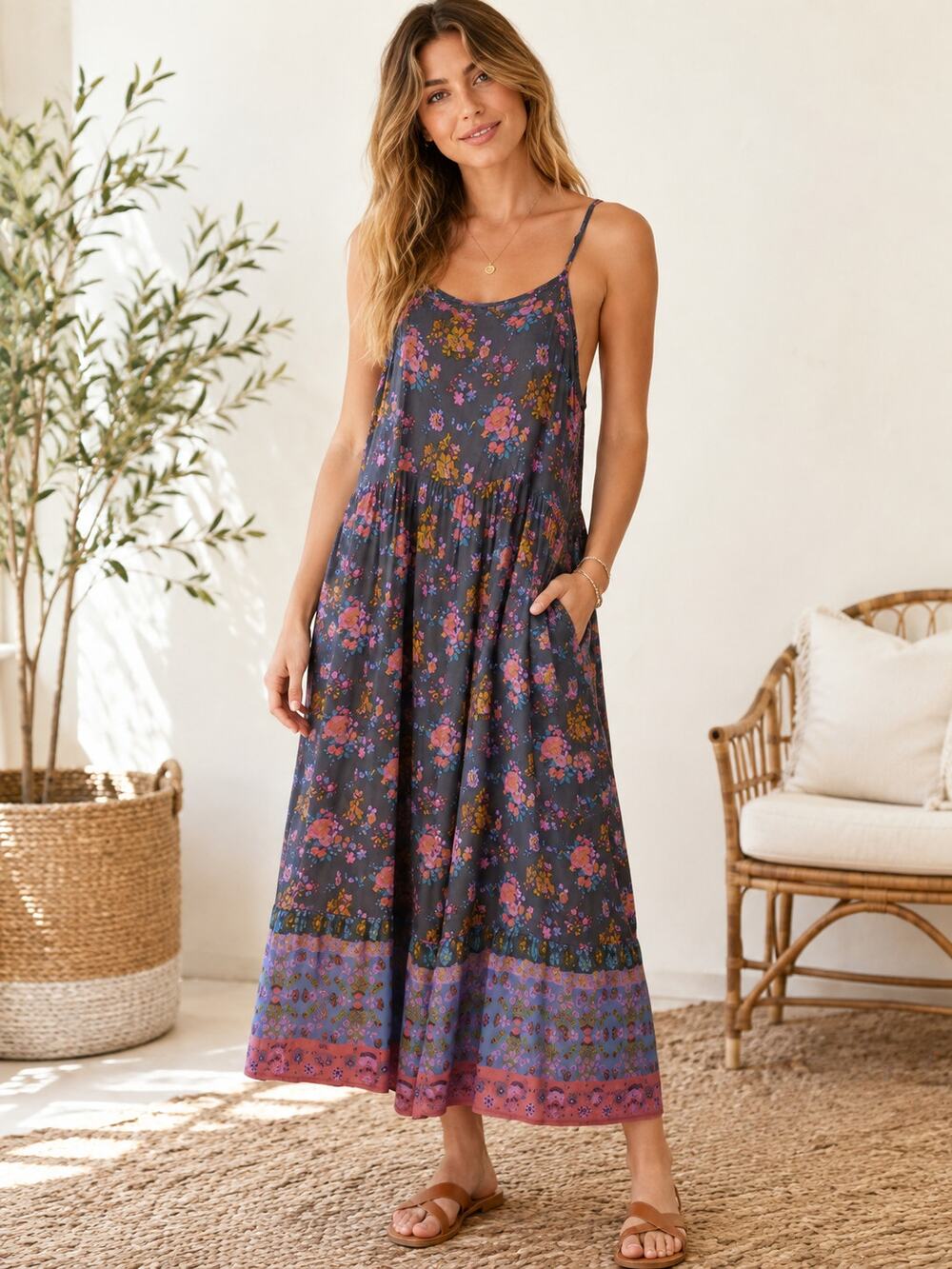 Natural Life SZ S Zoe Wide-Leg Jumpsuit Charcoal Blue Border-Slate Floral Blooms